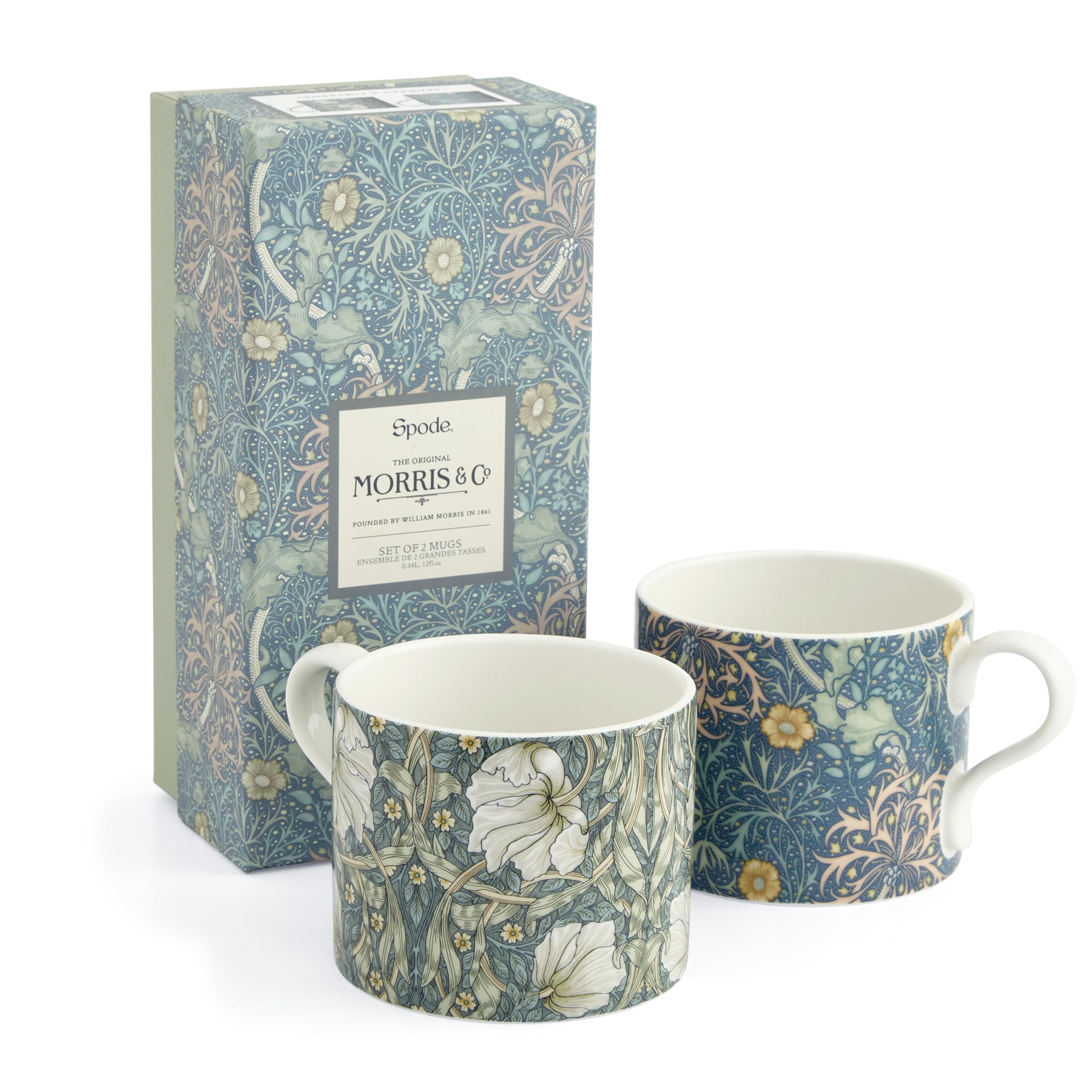 Spode x Morris & Co Set of 2 Coffee Mugs - Stylish and Durable, Perfect for Tea or Coffee, Seaweed Design, Dishwasher & Microwave Safe, Presented in a Giftable Box, Ideal for Everyday Use or Gifting
