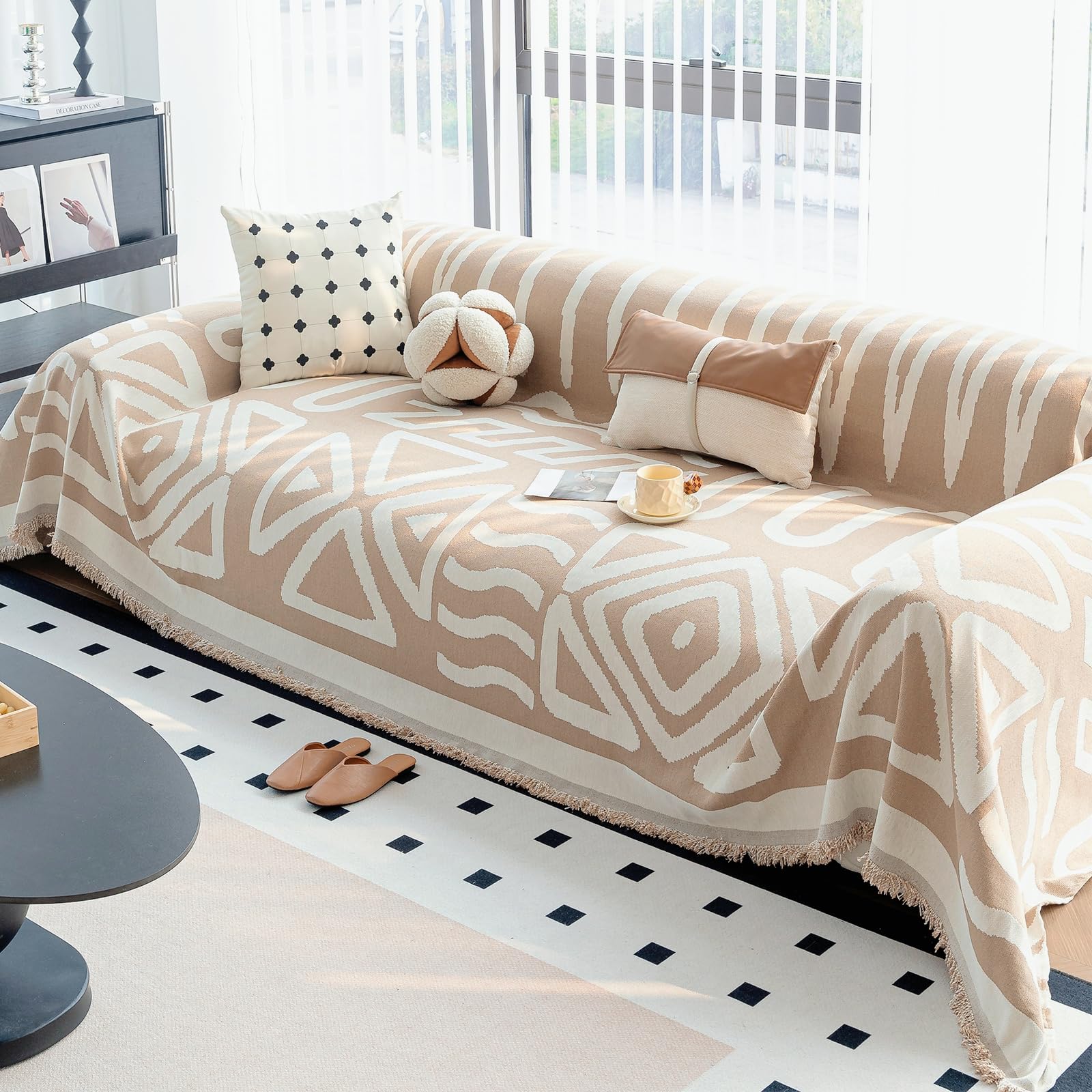 Photo 1 of MDSASFD Boho Couch Cover for Sofa, Boho Chenille Sofa Cover, Boho Sofa Cover, Chenille Couch Cover for 2-3 Cushion Couch Pet Friendly Washable(Khaki, 71"x 118")