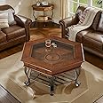 DS-HOMEPORT 2 Tier Retro Hexagon Wood Coffee Table with Metal Leg＆GlassTop, Farmhouse Coffee Table with Storage Shelf＆Drawer, Mid-Century Coffee Table for Living Room(Only Coffee Table, 40x40x19 in)