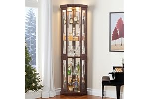 CKEASEAN Corner Curio Cabinet, 70" H Lighted Glass Display Cage with Tempered Glass Doors and 5 Adjustable Shelves, Bulb Inclued, Wine Bar China Cabinet for Living Room Liquor Storage (Dark Cherry)