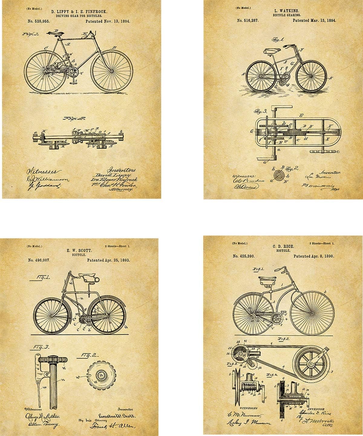 Bicycle Patent Wall Art Prints - set of Four (8x10) Unframed - wall art decor for cycling lovers