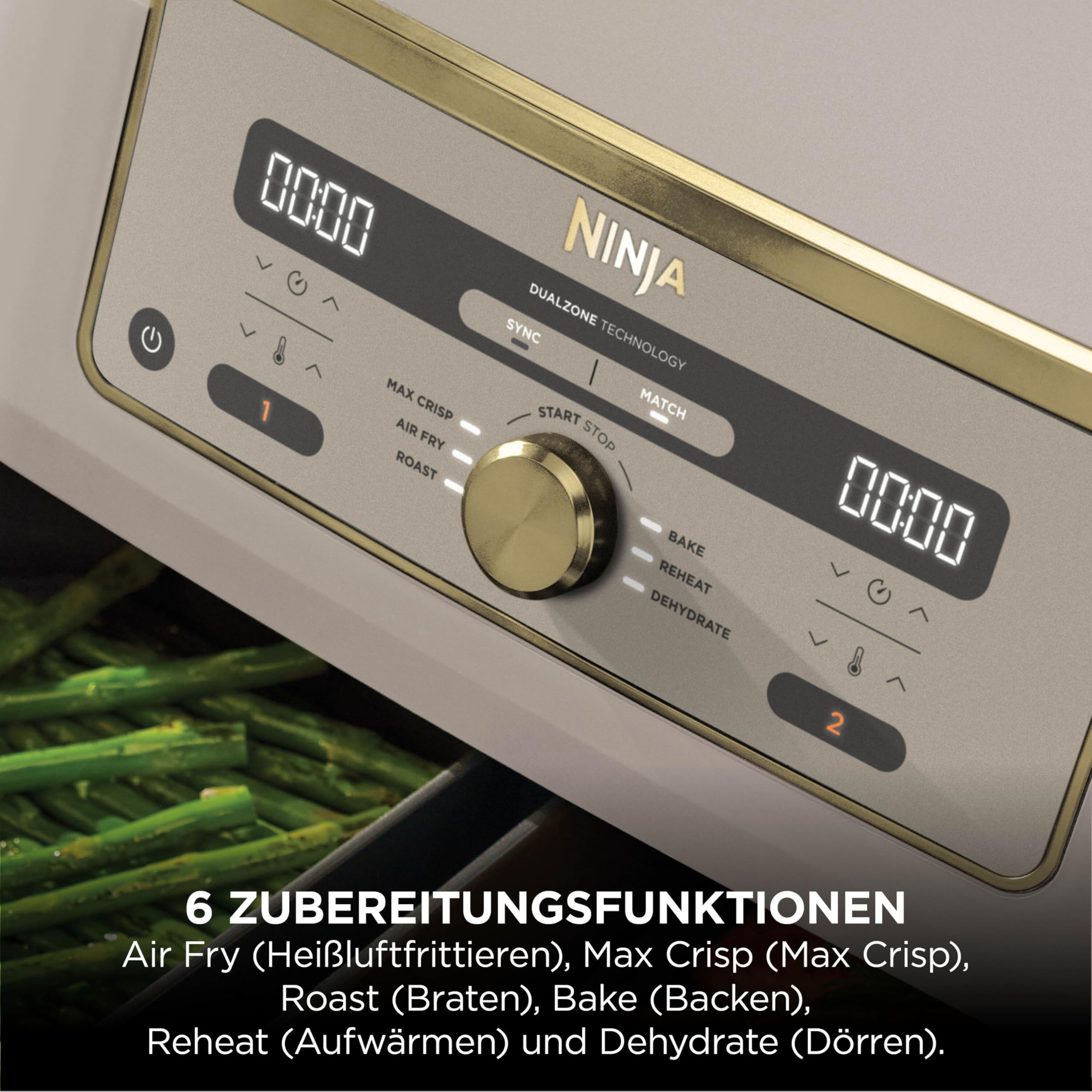 Ninja Dual Zone Digital Air Fryer, 2 Schubladen, 6-in-1, Heißluftfritteuse, 9,5L, Heißluft-Frittieren, Max Crisp, Rösten, Backen, Aufwärmen, Spülmaschinenfeste Körbe, Stone/Gold DZ400EUSTGD 5