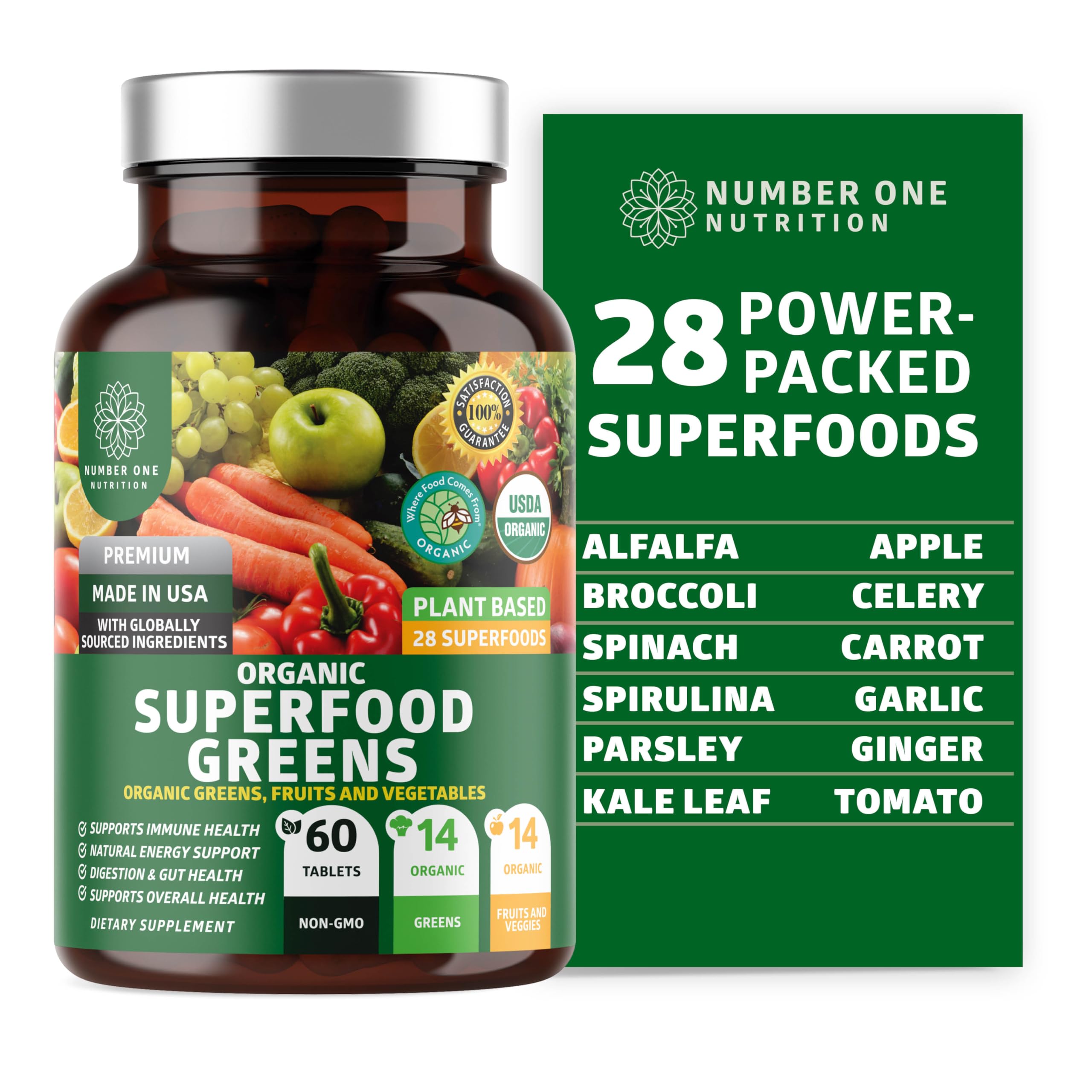 N1N Organic Superfood Greens 60ct 28 Ingredients Energy Immunity