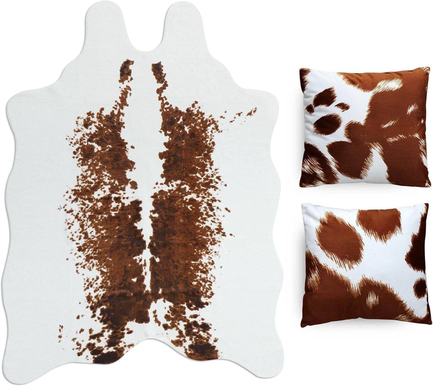 CONBEN Cow Print Rug - 4.6x6.6 Ft - 2 Cushion Covers Included - Faux Cowhide Decor, Polyester Material - Non-Slip Rubber - Farmhouse, Western Floor Rugs for Living Room, Bedroom, Office - White
