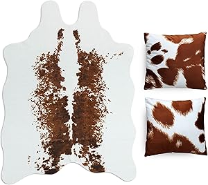 CONBEN Cow Print Rug - 4.6x6.6 Ft - 2 Cushion Covers Included - Faux Cowhide Decor, Polyester Material - Non-Slip Rubber - Farmhouse, Western Floor Rugs for Living Room, Bedroom, Office - White