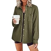 HOTOUCH Waffle Button Down Shirts for Women Dressy Casual Work Shacket V Neck Long Sleeve Lightweight Tops with Pocket