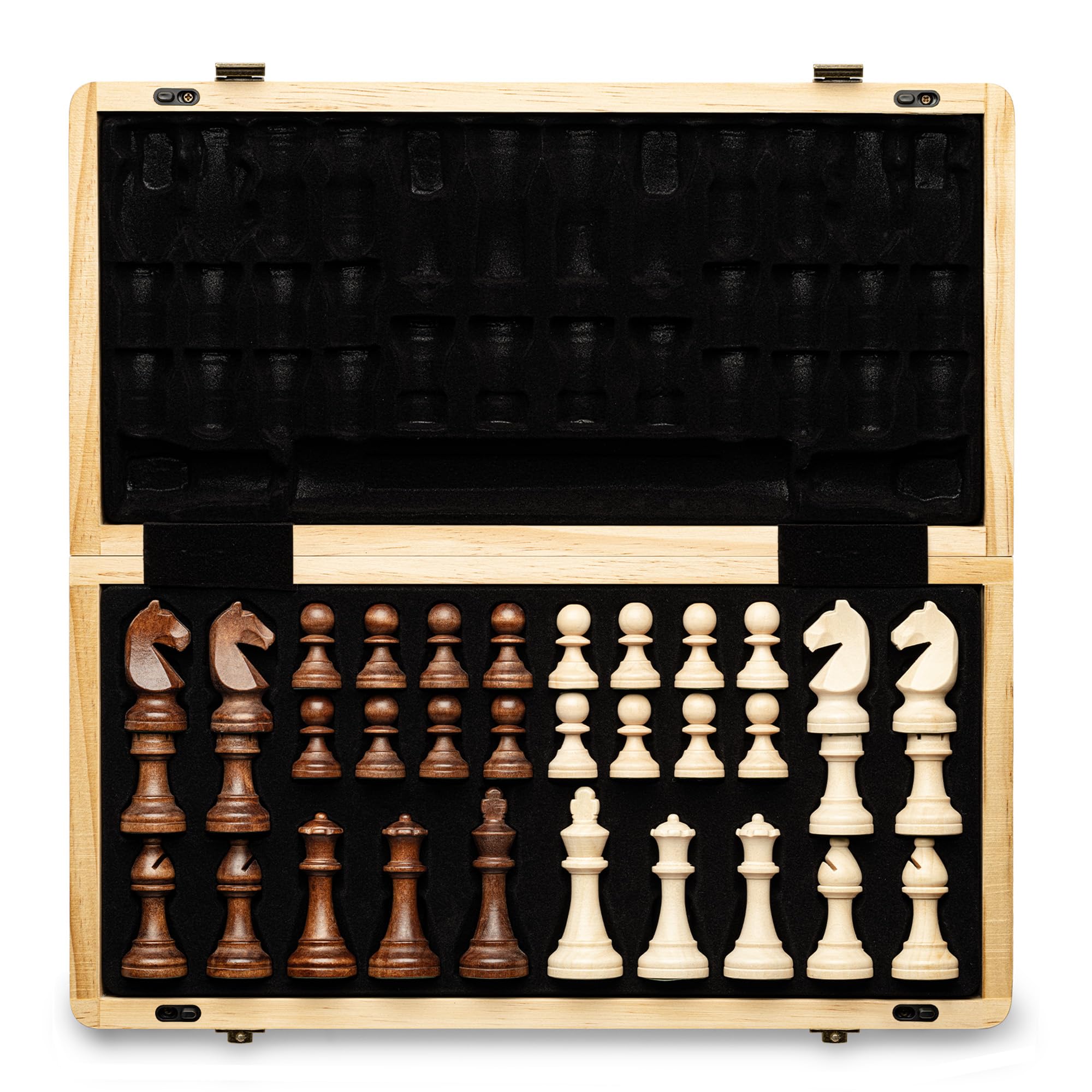 A&A 15" Magnetic Wooden Chess Set/Folding Board / 3" King Height German Knight Staunton Chess Pieces/Walnut & Maple Inlaid /2 Extra Queen — image 1