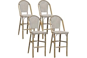 PURPLE LEAF French Bar Stool Set of 4 Bamboo Print Finish Patio Bar Stools with Back Rattan Bar Chairs Wicker Bar Height Stool 30" with Footrest Kitchen Island Stools Outdoor Barstool Grey