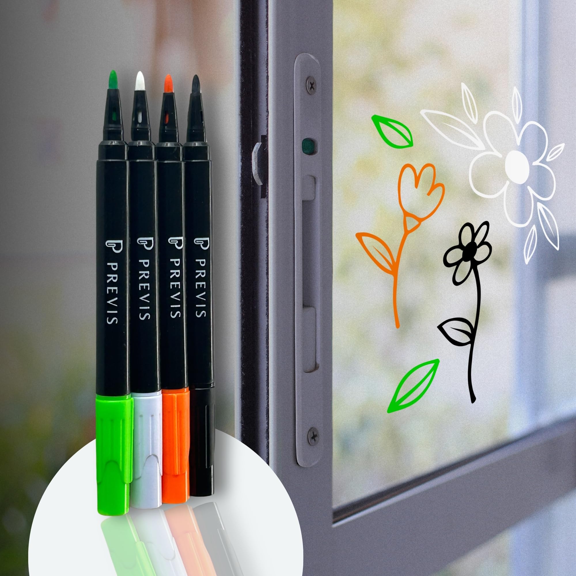 PREVIS Erasable Glass Liquid Chalk Marker with Fine Tip Set of 4 (White, Black, Orange and Green) – Markers for Windows – Ideal for Creating Vibrant Art and Revolutionizing Presentations
