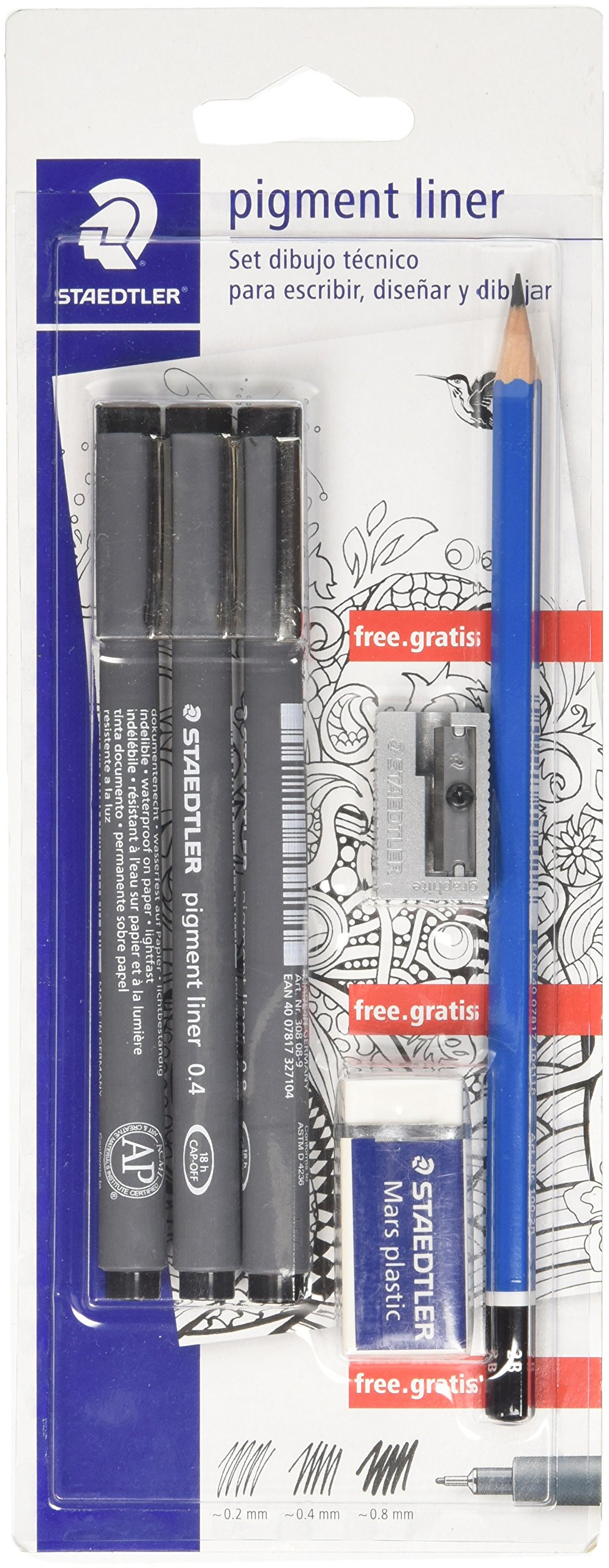 STAEDTLER 308 SBK3P2 Technical Drawing Set: 3 Pigment Liner, Pencil, Eraser and Sharpener
