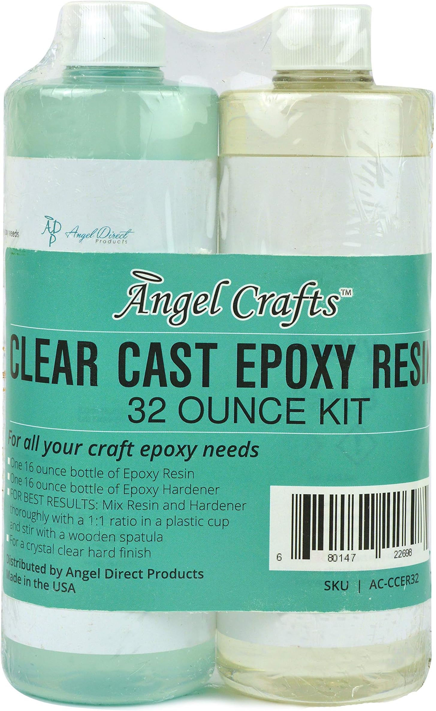 Angel Crafts Clear Casting Epoxy Resin and Hardener Mix Kit: Clear Resin for Craft Art, Jewelry, Wood Table Tops, Molds, Dyes, Color Pigments, Buttons, UV Protection Cast Coating Formula, 32 Ounces