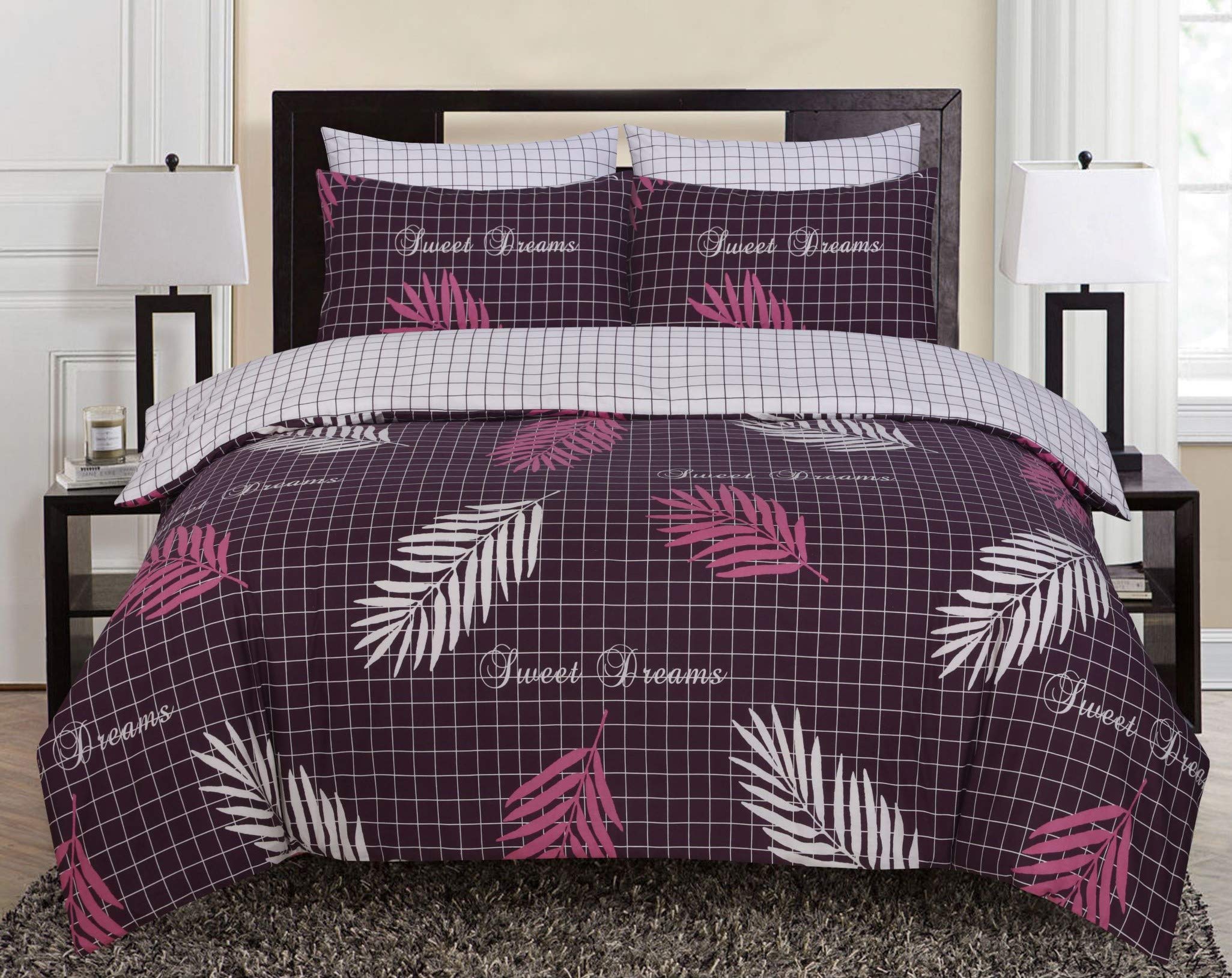 Every Thread Counts ETC Super King Duvet Set 100% Pure Cotton Reversible Printed Hotel Quality Duvet Cover Ultra Soft Easy Care Super King Duvet Cover Set (Sweet Dreams Aubergine-Super King)