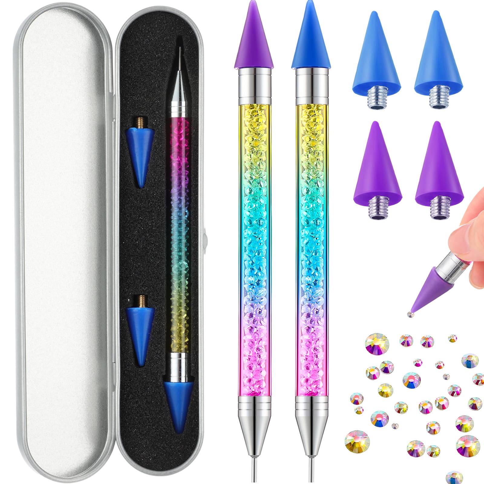 Photo 1 of ***** different pen Tatuo 1 Pieces Rhinestone Picker Dotting Pen, Dual-ended Rhinestone Gems Crystals Studs Picker Wax Pencil Pen Crystal Beads Handle Manicure Nail Art DIY Decoration Tool (Colorful)