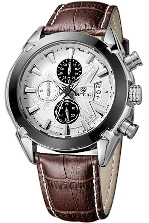 Megir Men Military Sports Chronograph Date Multifunction Leather Quartz Wrist Watch