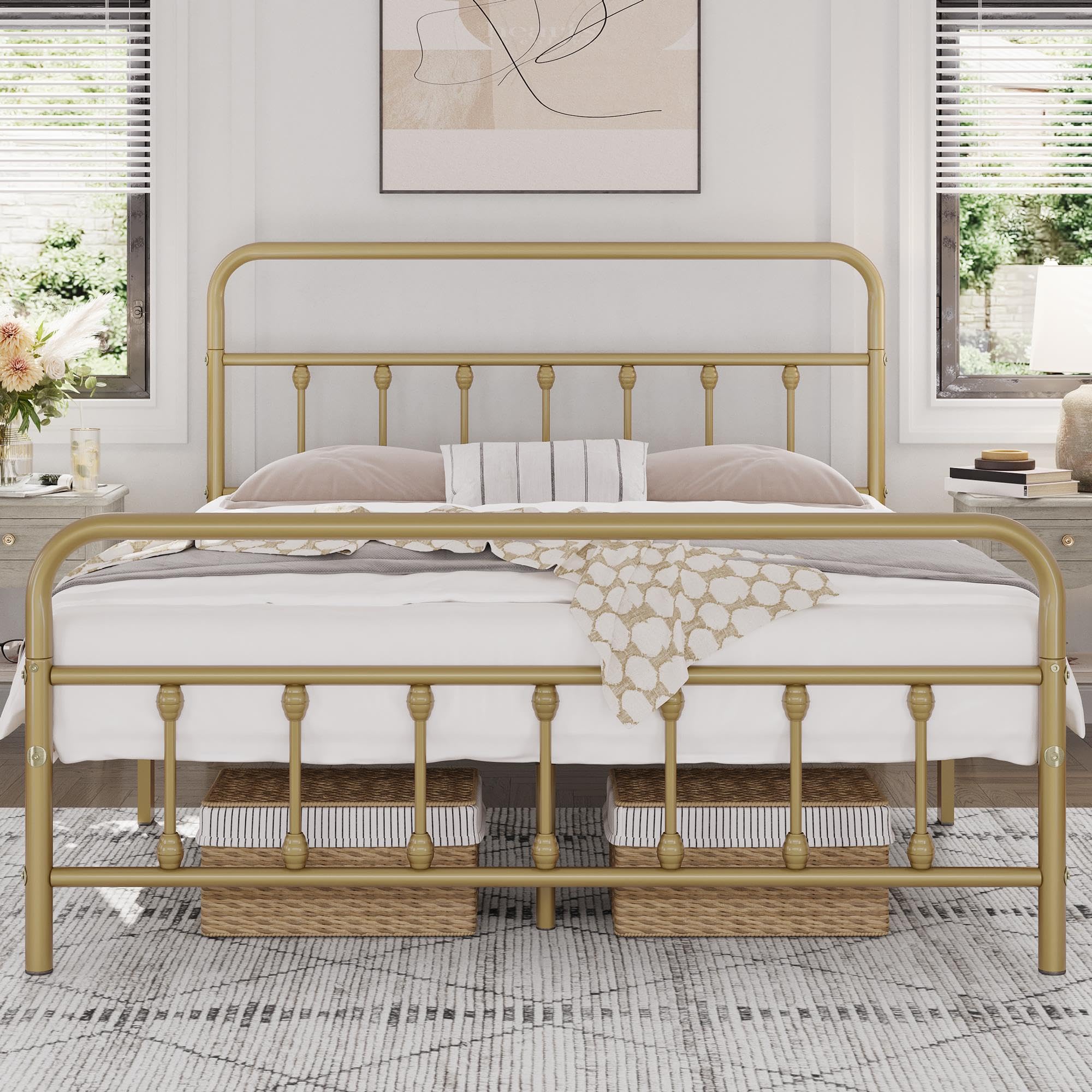 Photo 1 of Yaheetech Classic Metal Platform Bed Frame Mattress Foundation with Victorian Style Iron-Art Headboard/Footboard/Under Bed Storage No Box Spring Needed Full Size Antique Gold