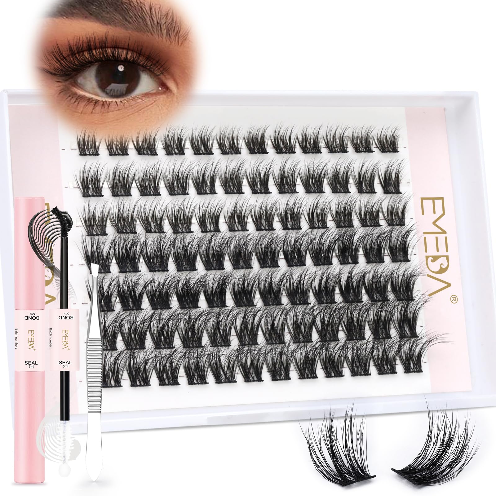 3D Fluffy Lash Clusters Kit EMEDA Individual Wispy Cluster Eyelash Extensions with Bond and Seal Mix 8mm 10mm 12mm 14mm DIY Cluster lashes with Bond and Seal Tweezers (3D-EME333-mix) — image 1
