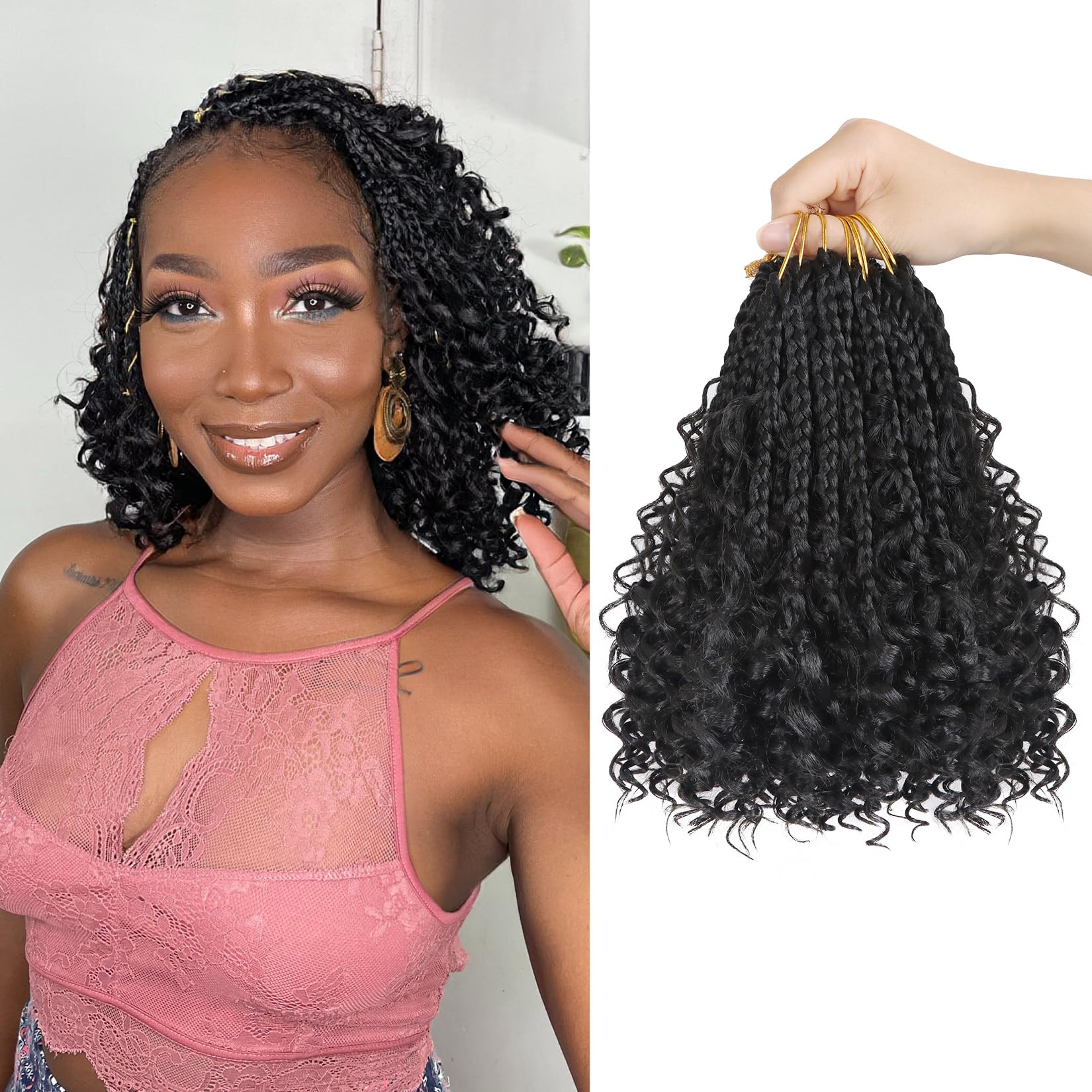 Photo 1 of Goddess Box Braids Crochet Hair 1B - 8 Inch Pre Looped Boho Crochet Braids with Curly Ends, 8 Packs Crochet Hair for Black Women Boho 3X Synthetic Braiding Hair Extensions