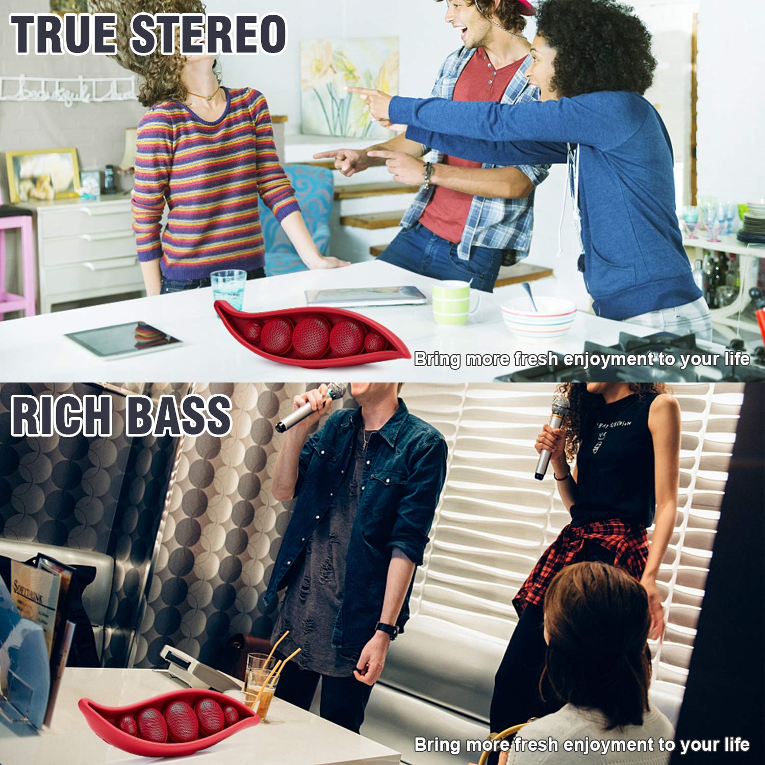 Wireless Bluetooth Speaker with Superior Stereo Sound, Exclusive Pea Appearance, 5-Watts, 24-Hour Playtime, Perfect Wireless Speaker for Home (Red)