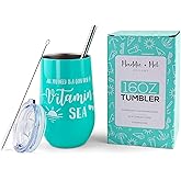 Beach Tumbler with Lid and Straw - 16oz Wine Tumbler with Sayings for Women – Cute Tumbler Beach Cups with Straw and Cleaning Brush – Insulated Cups for Beach, Pool, Boating, Beach Gifts (sea splash)