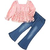 SODLON Kids Toddler Girl Clothes Winter Outfits Shirt Top Bell Bottom Jeans Denim Pants Set Little Girl Fall Spring Clothing