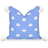 Hofdeco Premium Coastal Patio Indoor Outdoor Pillow Cover Only, 18"x18" Water Repellent for Backyard, Couch, Cornflower Blue Embroidered Palm Leaf Tassel