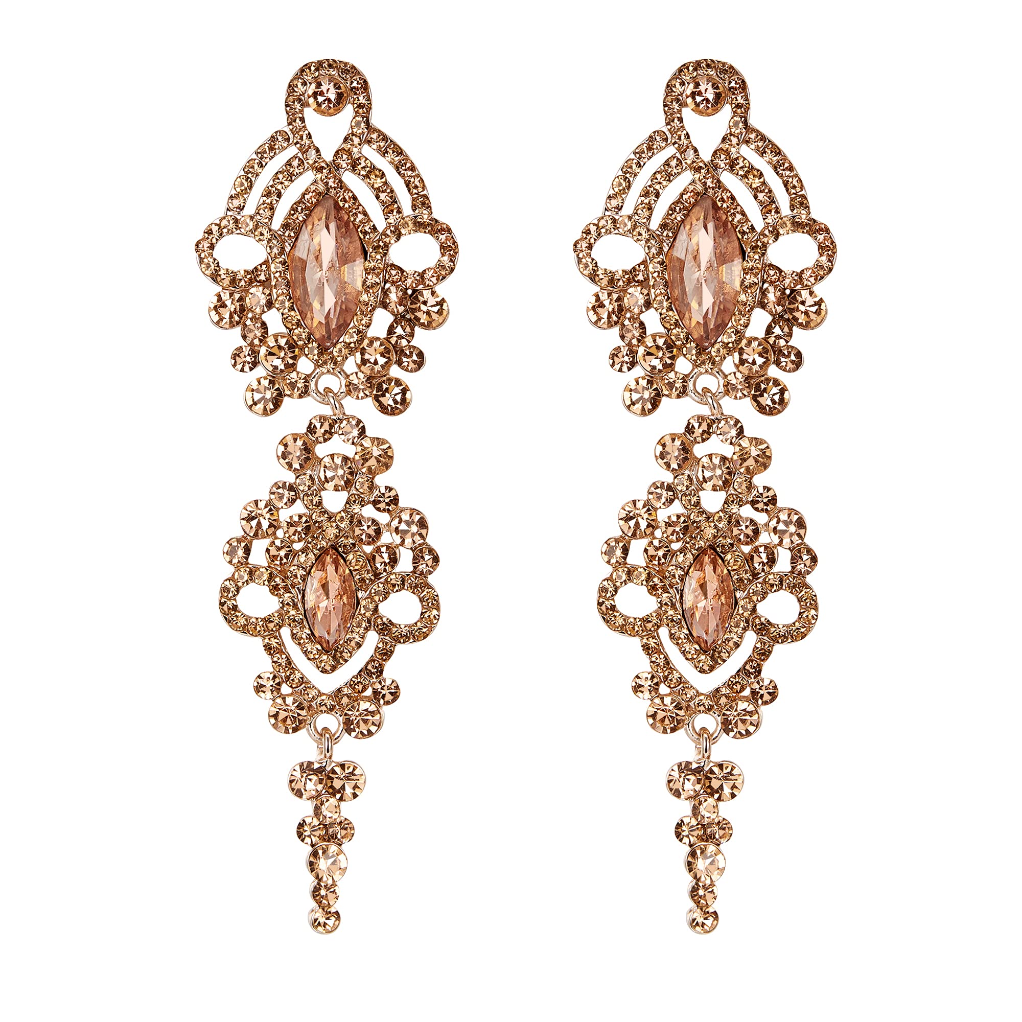 Clearine Women's Double Marquise Crystal Hollow Dangle Earrings for Wedding Bridal Bridesmaid Champagne Color Rose-Gold-Tone