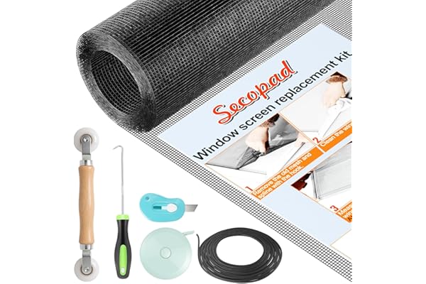 Secopad Window Screen Repair Kit, 39" x 78" Screen Door Mesh Replacement Kit, Durable Fiberglass Roll with Tools for Windows Doors Patio and Porch Replacement, Black
