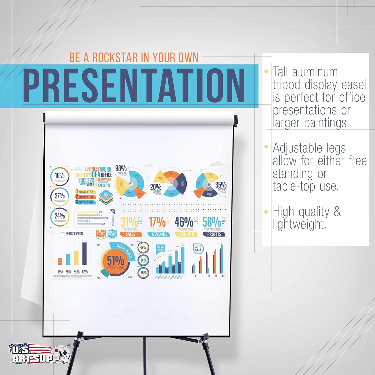 U.S. Art Supply 66" High Boardroom Black Aluminum Flipchart Display Easel and Presentation Stand - Large Adjustable Floor and Tabletop Portable Tripod, Holds 25 lbs - Holds Writing Pads, Poster Boards: Kitchen & Dining