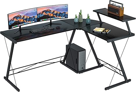 Amazon Com Extra Large L Shaped Desk 60 8 L Desk Gaming Computer Corner Desk With Round Corner With Monitor Stand For Gaming Desk Home Office Writing Workstation Black Kitchen Dining