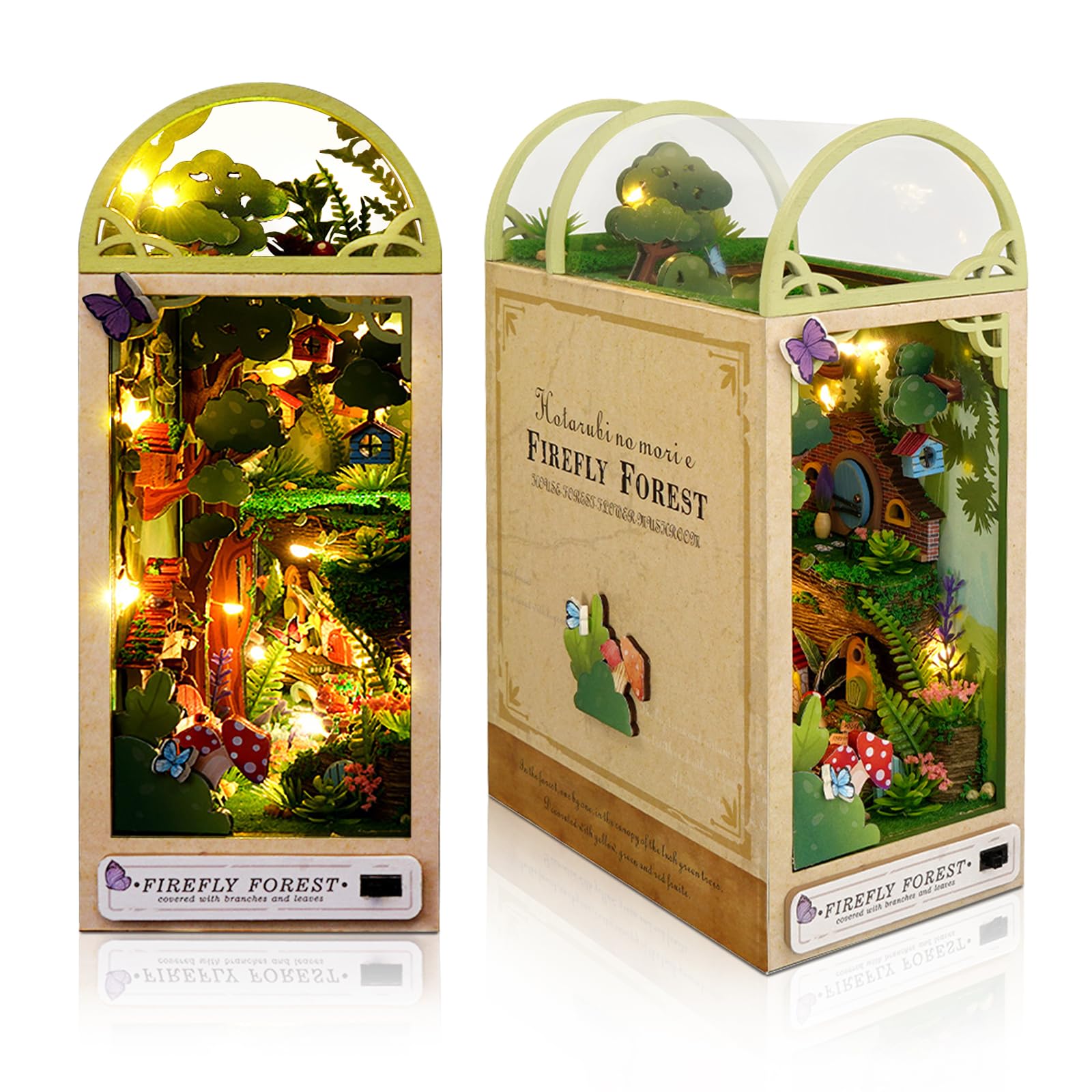 Photo 1 of 3D Wooden Book Stand Puzzle, DIY Dollhouse Wood Bookends Book Nook Model Building Kit with LED Light for Teens and Adults to Build-Creativity Gift for Christmas(Firefly Forest)