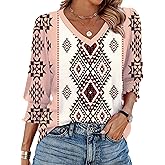 Womens Western Shirts 3/4 Length Sleeve Casual V Neck Western Graphic Cowboy T Shirts for with Smocked Cuffs Western Tops for