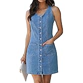 luvamia Denim Dresses for Women Sleeveless Stretchy Jean Summer Casual Western Short Button Down Dress with Patch Pocket