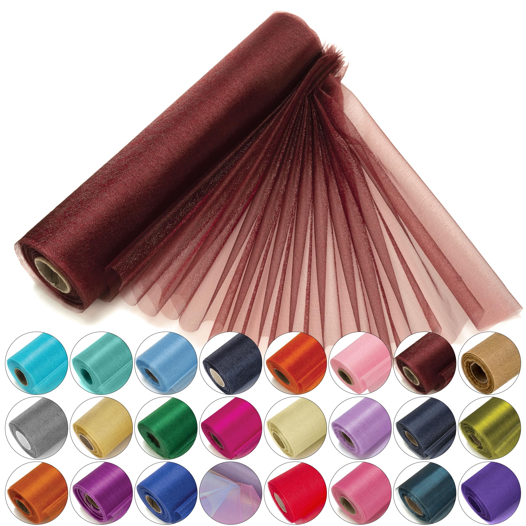 29cm x 25m Roll of Organza Sheer Fabric - Elegant Decorative Cloth for Wedding Chair Bows, Table Runners, Party Favours - Crafting Supplies for Ribbons, Dress Accents,and Bags, Burgundy — image 1