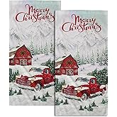 Giwawa Merry Christmas Hand Towels Set of 2 Red Truck Face Guest Towel Xmas Holiday Decorative Soft Fingertip Towel for Bathroom Kitchen Yoga Gym