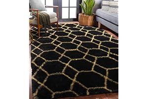 ONASAR Fluffy Shag Area Rug for Bedroom Living Room, 5x7 Black and Gold Rug, Modern Geometric Plush Rugs for Classroom, Playroom, Office, Kids Room Decor, Soft Faux Fur Rug, Cool Bedside Carpet