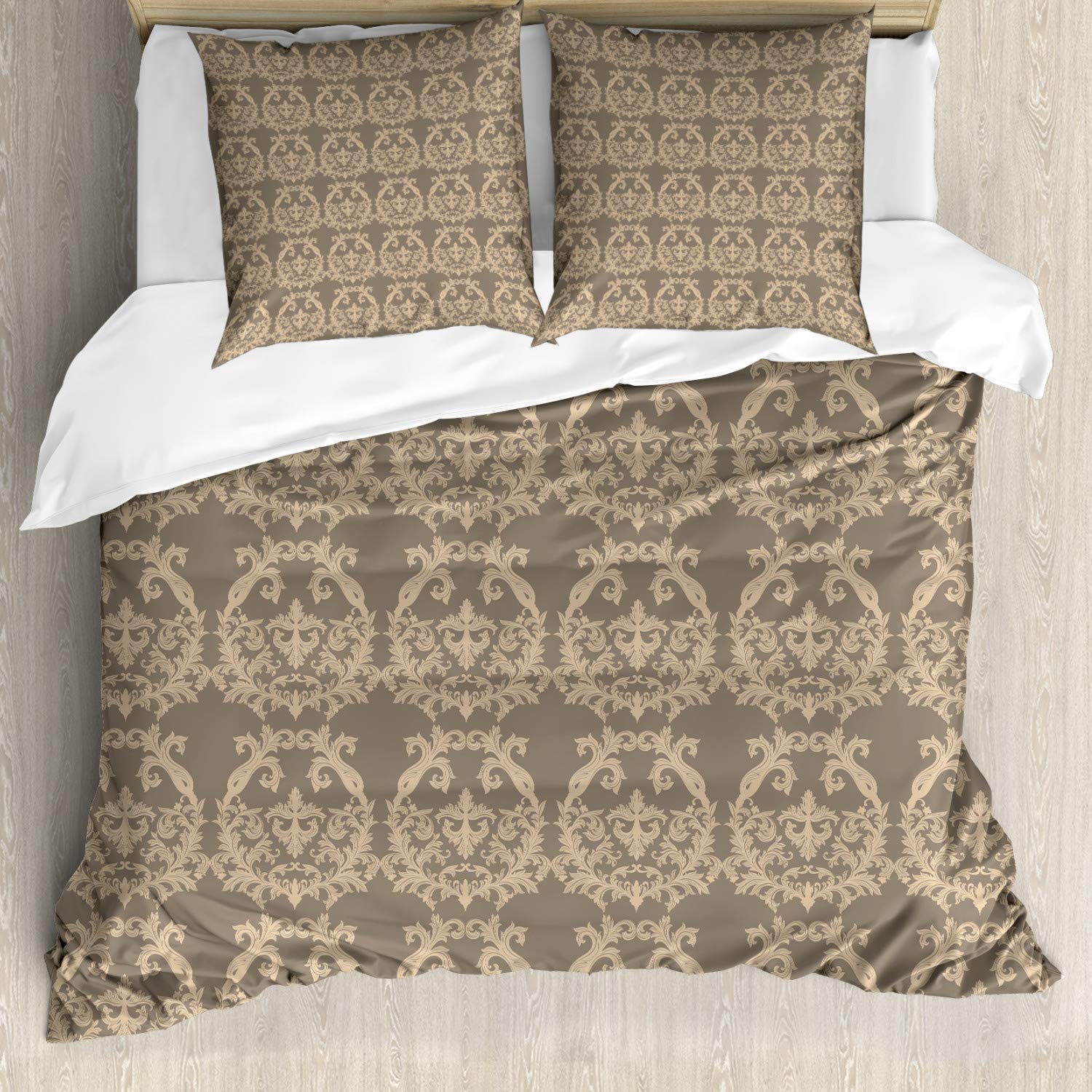 ABAKUHAUS Taupe Duvet Cover Set, Royal Victorian Botanical Design Exquisite Floral Historic Pattern, Bedding Set 3 Pieces with 2 Pillow Shams, 200 cm x 200 cm, Warm Taupe Sand Brown — image 1