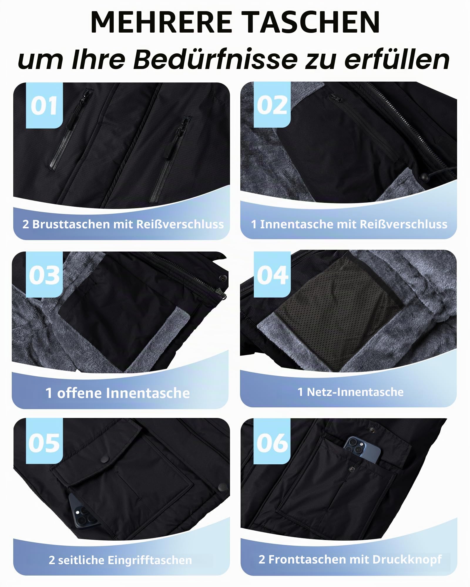Tansozer Herren Winterjacke Winddicht Atmungsaktiv Wasserabweisend Gefüttert Wander Regenjacke, Schwarz, L 6