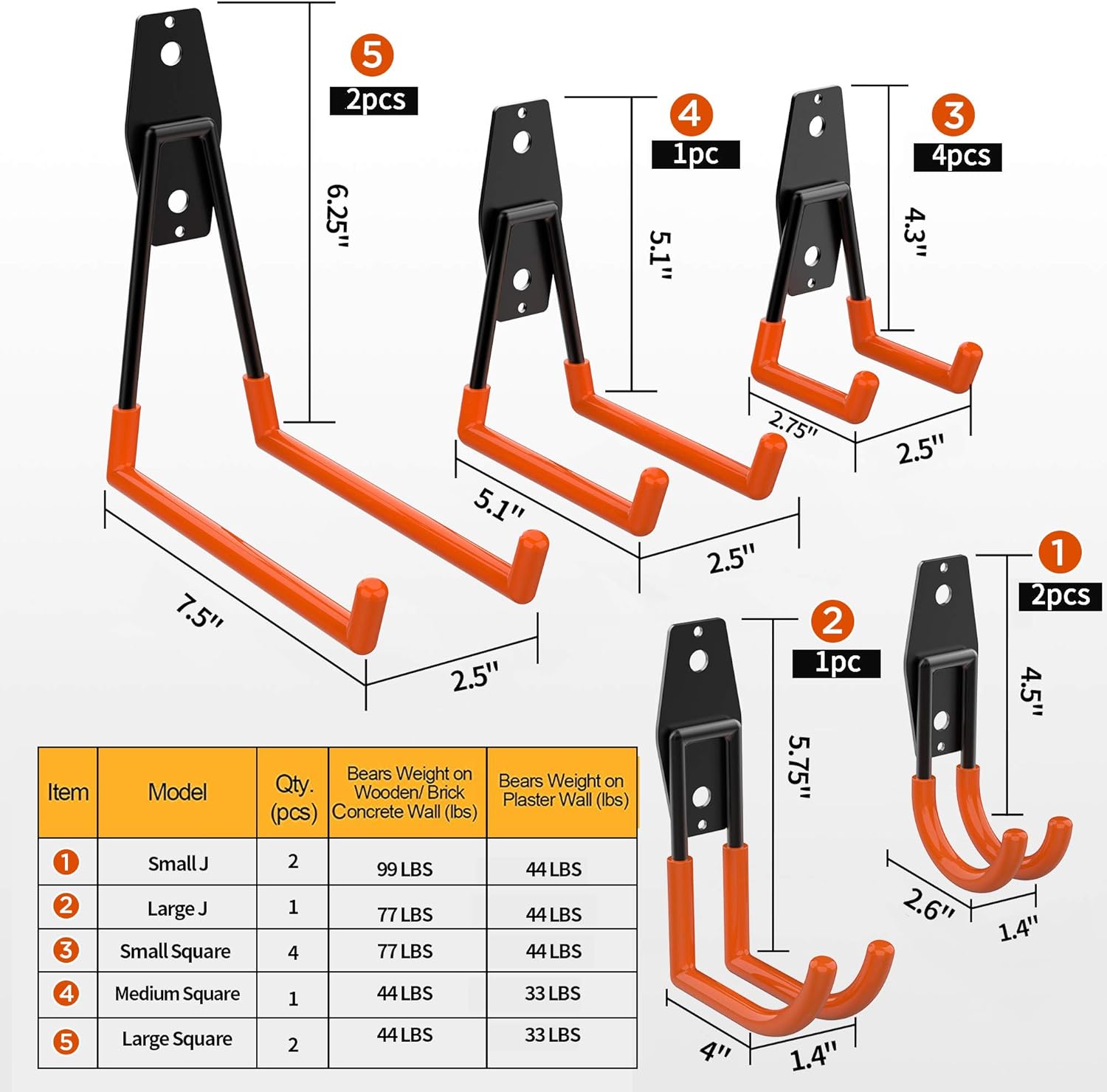 ORASANT Heavy Duty Garage Hooks With 3 Unique Welding Points, Loading 99LBS, Super Strong Garage Storage Hooks For Bikes Ladders Tools, Utility Garage Wall Hooks for Garage Organization (10Pack Orange) - - 