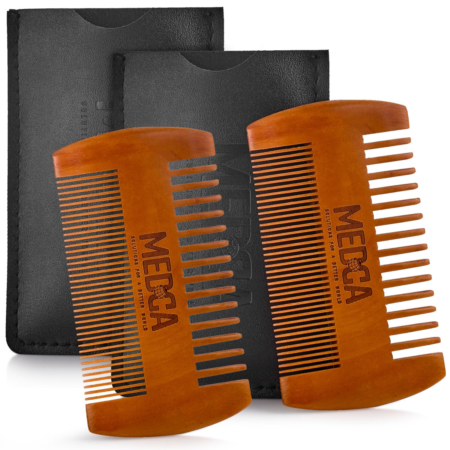 Wooden Beard Comb for Men - Pack of 2, Handcrafted Solid Beechwood Beard Combs, Mustache and Head Hair Pocket Comb with Leather Case - Dual Action Fine & Coarse Teeth