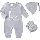 Newborn Baby Romper Cotton Coming Home Outfits Hi Im New Here with Hat Gloves Long Sleeve Solid Onesie
