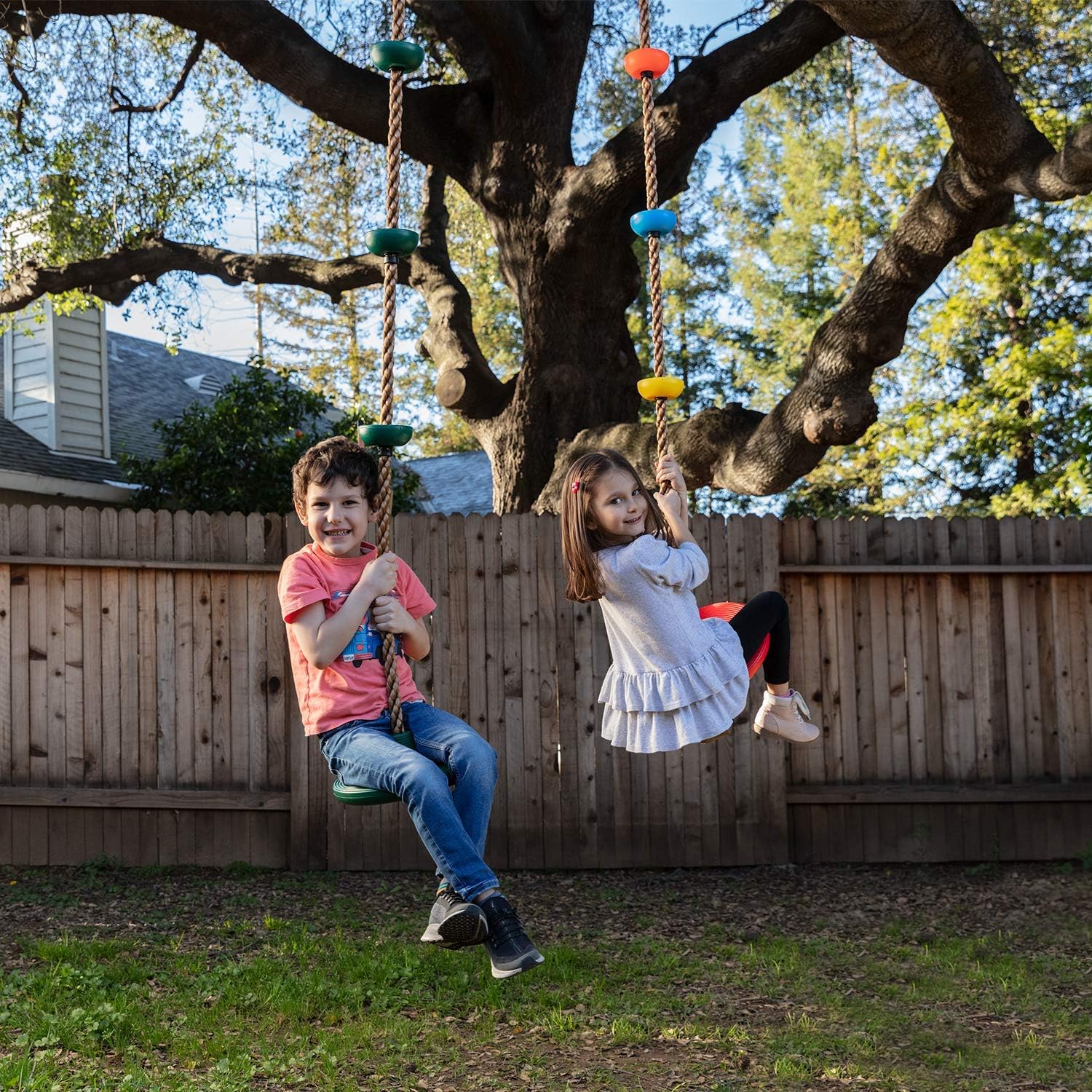 Climbing Rope Tree Swing with Platforms and Disc Swings Seat - Playground Swingset Accessories Outdoor for Kids - Trees House Tire Saucer Swing Outside Playset Toys - Carabiner and 4 Ft Tree Strap: Toys & Games