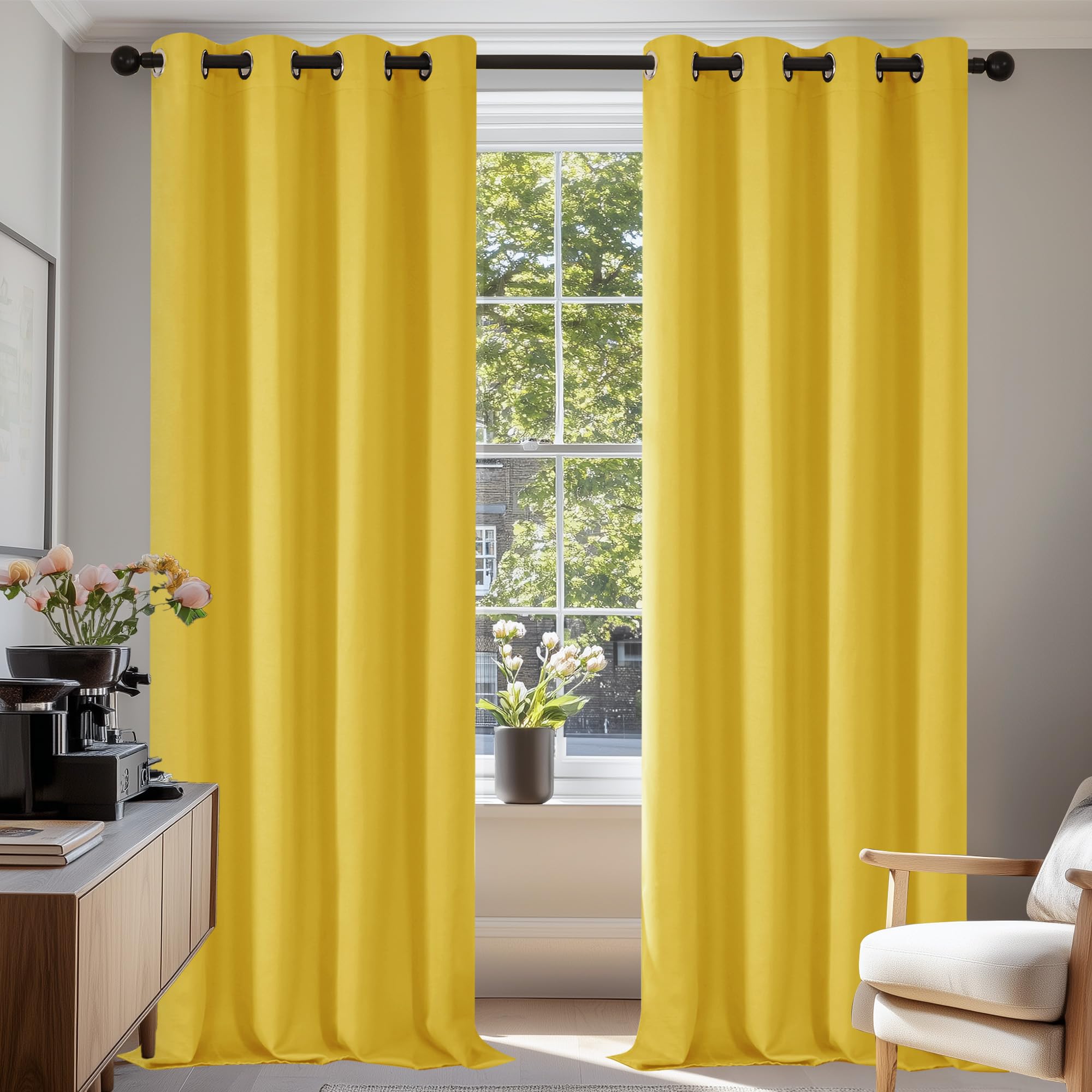 Deconovo Functional Thermal Insulated Curtains Blackout Curtains Eyelet Curtains for Baby Nursery Mellow Yellow W52 x L95 Inch Two Panels