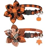 ADOGGYGO Fall Thanksgiving Cat Collar Breakaway, Plaid Cat Flower Collar | Detachable Flower &amp; Bell, Cute Fall Charm, Soft Cotton, Breakaway Buckle, Adjustable, For Cat Kitten, Fall Thanksgiving Party