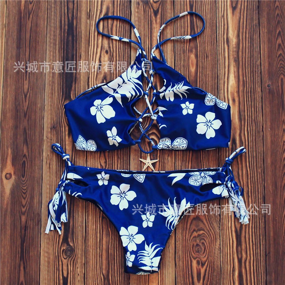 GK-Tassel printing binding Europe premium hollow out sexy girls bikini fringed printed bandages,Purplish blue,S