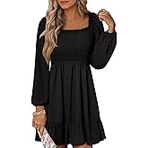 ANRABESS Womens Long Lantern Sleeve Square Neck Dress Smocked Tiered High Waist Ruffle Flowy Swing 2026 Spring Short Dresses