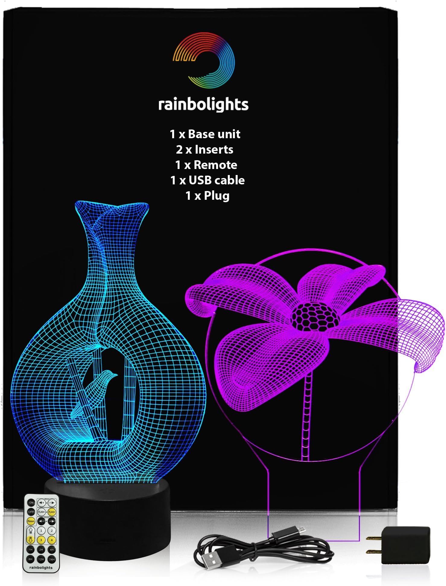 Gift for MOM Flower & VASE 3D Illusion Lamp with Small Bird 2 Acrylic Designs in 1 Box with Remote Controller Mains Plug Which Will Brighten Up Any Dark Corner a Great Adult Nightlight