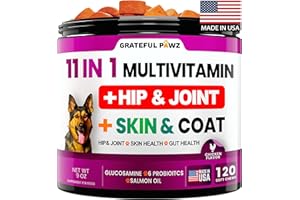 GRATEFUL PAWZ Dog Multivitamin Chewable with Glucosamine - Dog Vitamins and Supplements, Senior & Puppy Multivitamin for Dogs - Pet Chondroitin Hip and Joint Support Health, Immune Booster, Skin, Heart, Probiotics