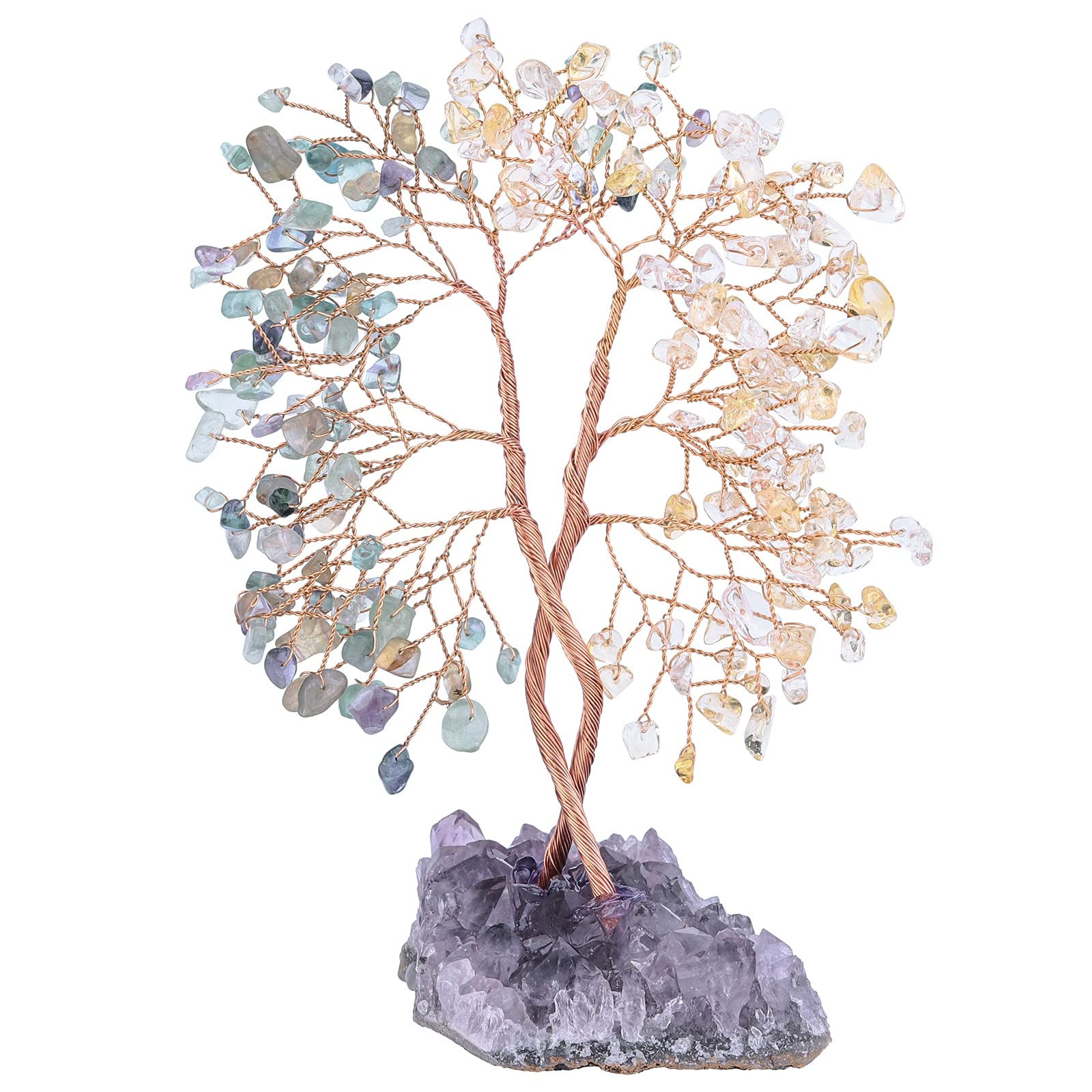 KYEYGWO Fluorite & Citrine Crystal Money Tree with Natural Amethyst Cluster Base, Fengshui Bonsai Tree Decoration Stone Lucky Gemstone Ornament for Home