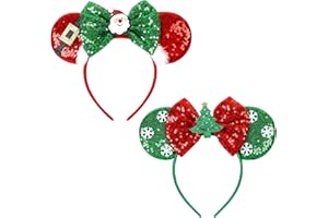 WOVOWOVO Christmas Mouse Ears Headbands for Women Girls, Bow Decoration Hairbands Red Sequin and White Snowflake Headband Party Cosplay Hair Accessories Costume, 2 Pack