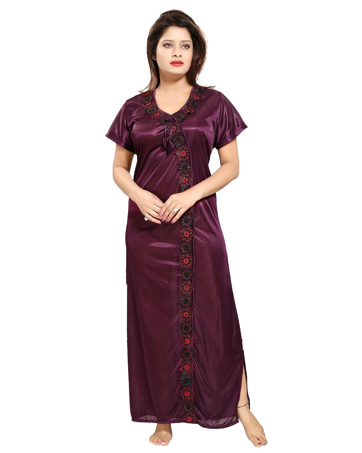 tucute women satin night gown (wine) (free size) d.no.1242
